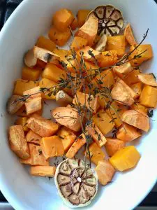 Roasted sweet potato and butternut squash with feta cheese