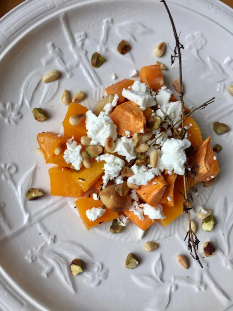 Roasted sweet potato and butternut squash with feta cheese