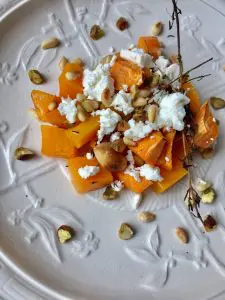 Roasted sweet potato and butternut squash with feta cheese