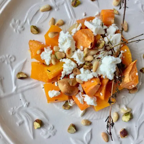 Roasted sweet potato and butternut squash with feta cheese