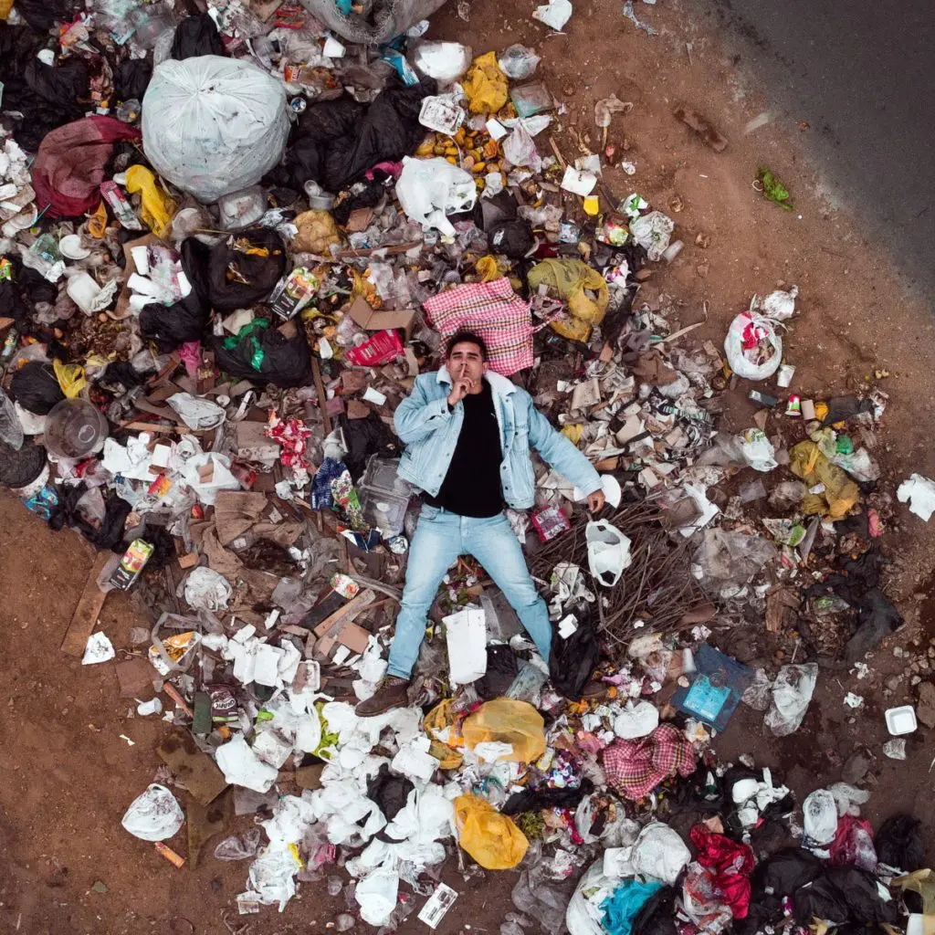 man lying in plastic rubbish: Plastic Free July