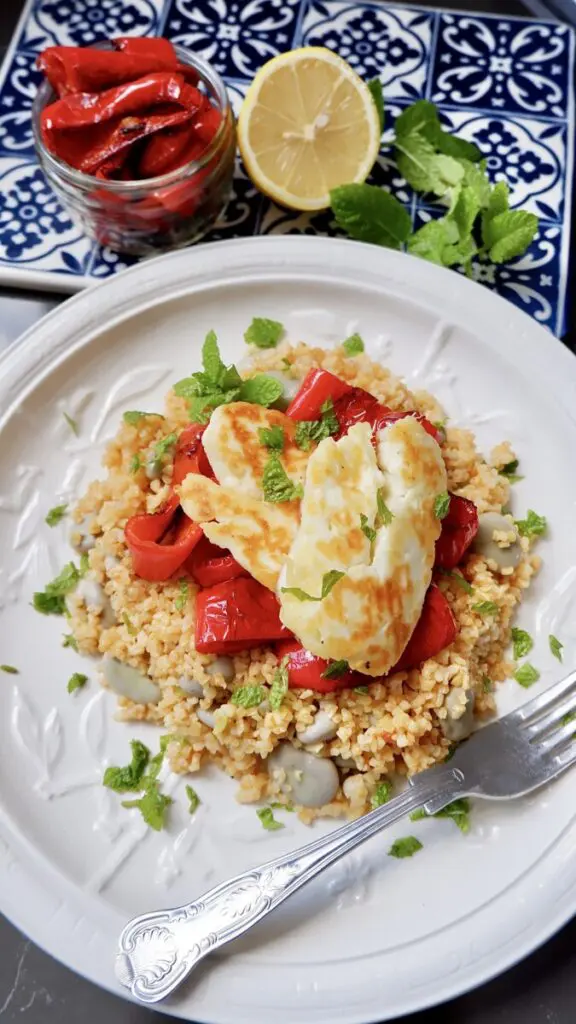halloumi with bulghur broad beans and sweet red pepper