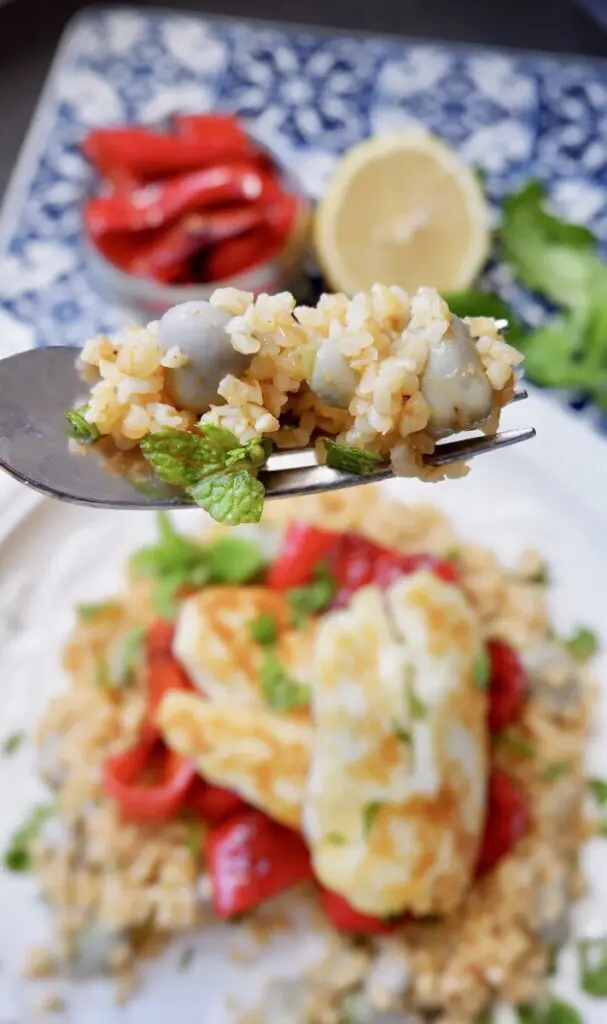 Grilled Halloumi With Harissa Spiced Bulghur, Broad Beans And Sweet Red Pepper