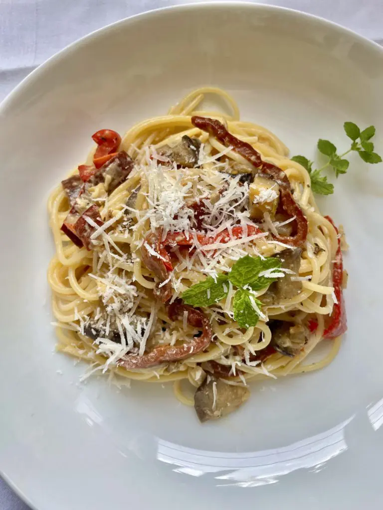 vegan roasted aubergine and peppers spaghetti