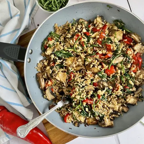 vegan fried rice with portobello mushrooms, red pepper and spinach