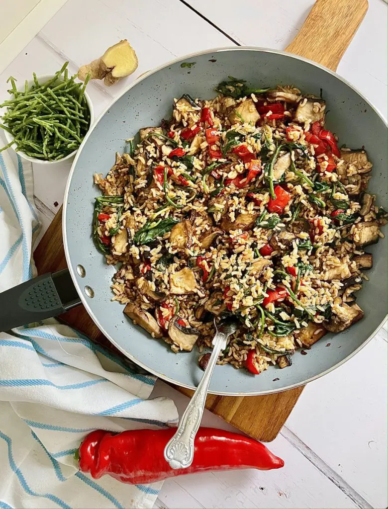 Vegan Fried Rice with Portobello Mushroom, Red pepper and Spinach