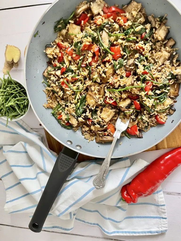 Vegan Fried Rice with Portobello Mushroom, Red pepper and Spinach