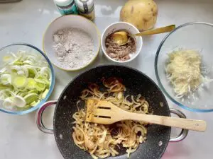 vegan leek and caramelised onion latkes