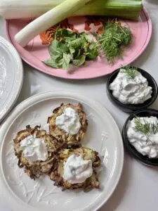 vegan leek and caramelised onion latkes