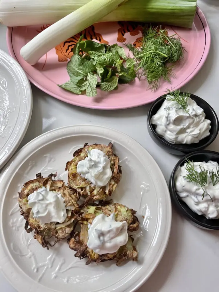 vegan leek and caramelised onion latkes