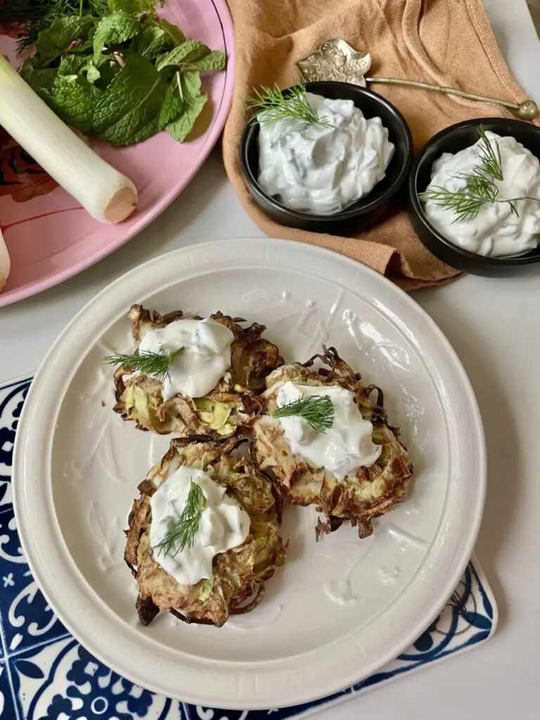 vegan leek and caramelised onion latkes