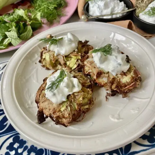 vegan leek and caramelised onion latkes