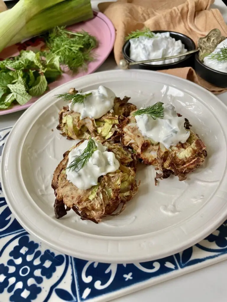 vegan leek and caramelised onion latkes