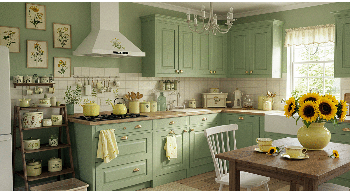 cottagecore kitchen in sage colour