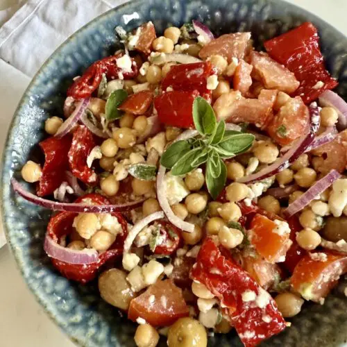 Mediterranean Chickpea Salad with Roasted Romano Peppers & Feta