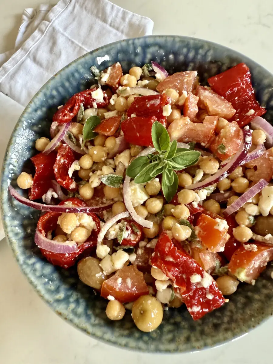 Mediterranean Chickpea Salad with Roasted Romano Peppers & Feta