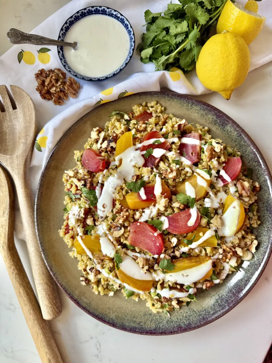freekeh salad with rainbow beets
