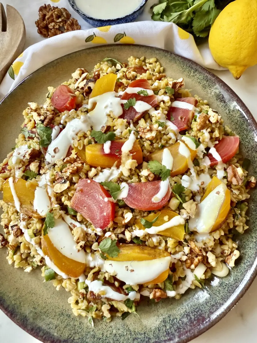 freekeh salad with rainbow beets