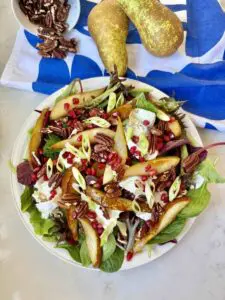 Warm pear and goats cheese salad
