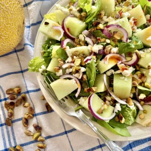 Galia melon salad with feta and pistachio