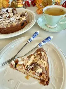 Simple Fig and Almond Cake slice close up Simple Fig and Almond Cake slice close up