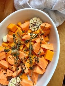 Roasted sweet potato and butternut squash with feta cheese