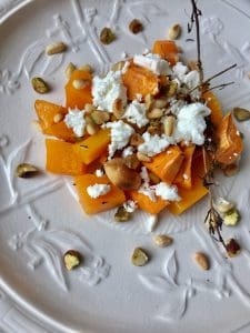 Roasted sweet potato and butternut squash with feta cheese