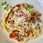 vegan roasted aubergine and peppers spaghetti