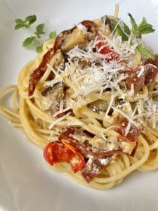 vegan roasted aubergine and peppers spaghetti